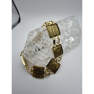 Vintage Toledo Damascene Style Curved Panel Bracelet Geometric Designs Gold Tone